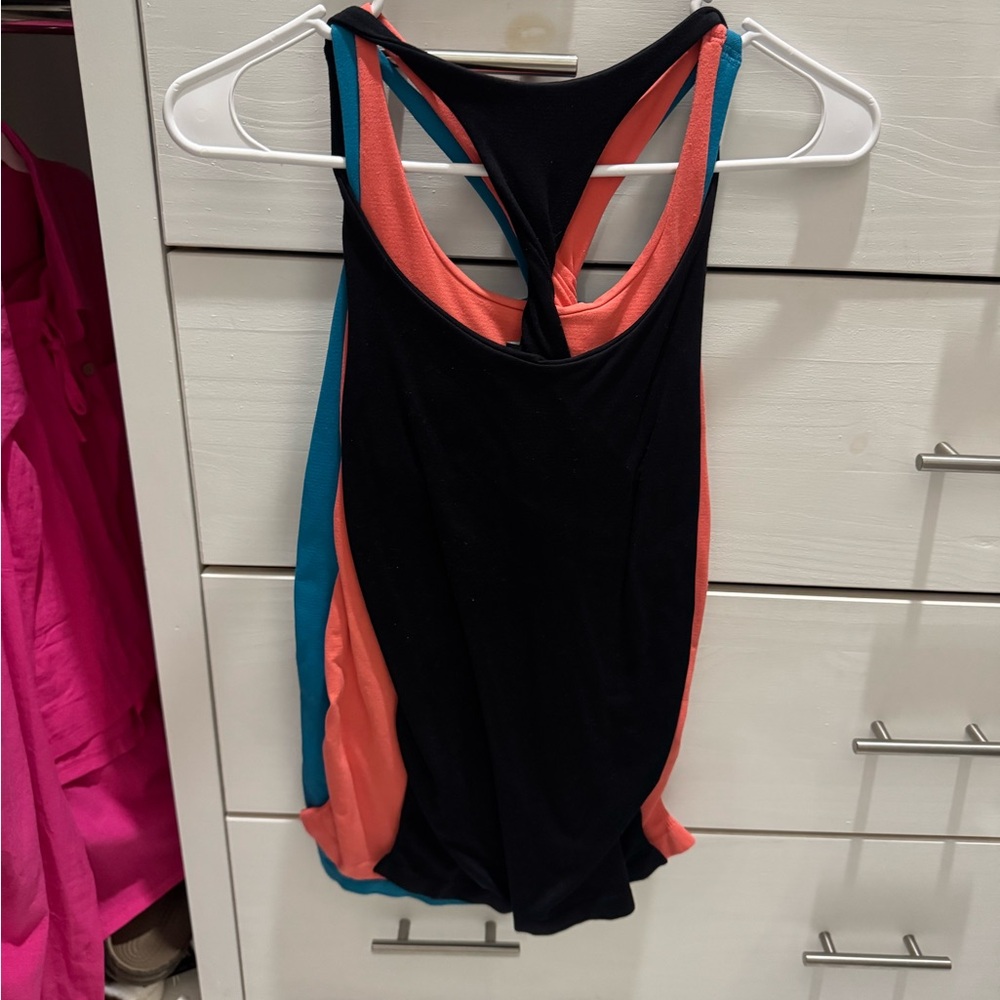 Bebe 3 black, Teal and Coral Racerback Tanks m/l